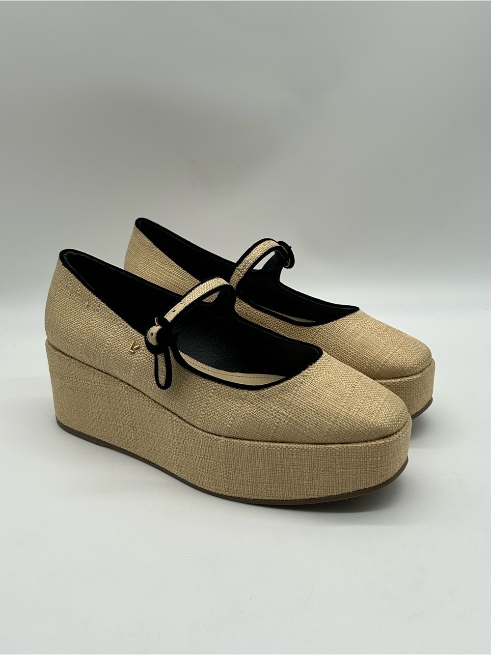 Larroudé Blair Raffia Beige Mary Jane Flatform Wedges Size 9 New With Box